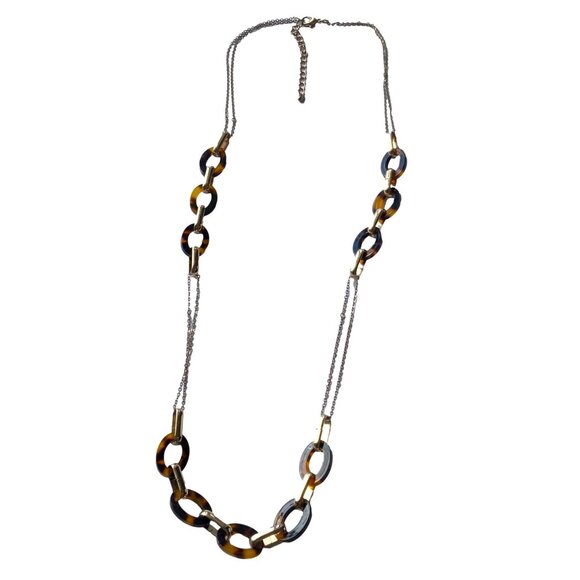 Tortoise Shell Necklace Acrylic Link Gold Tone Chain Adjustable Length - Picture 2 of 3